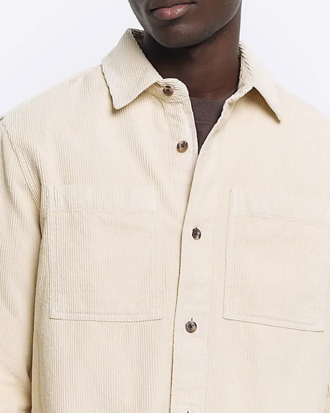 River Island regular fit corduroy overshirt Stone Clearance