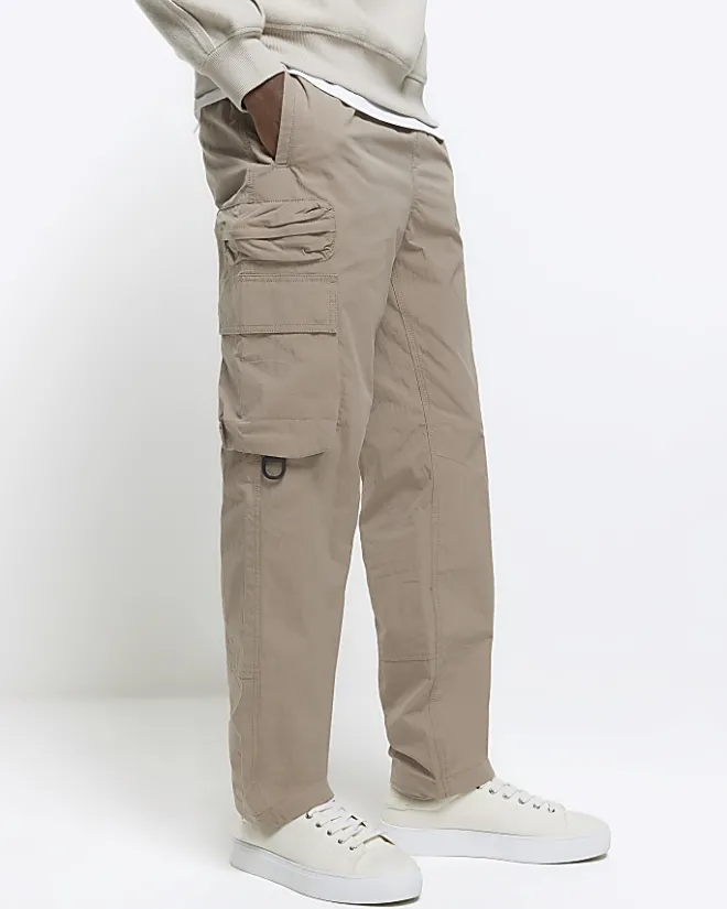 River Island regular fit elasticated cargo trousers Stone Discount