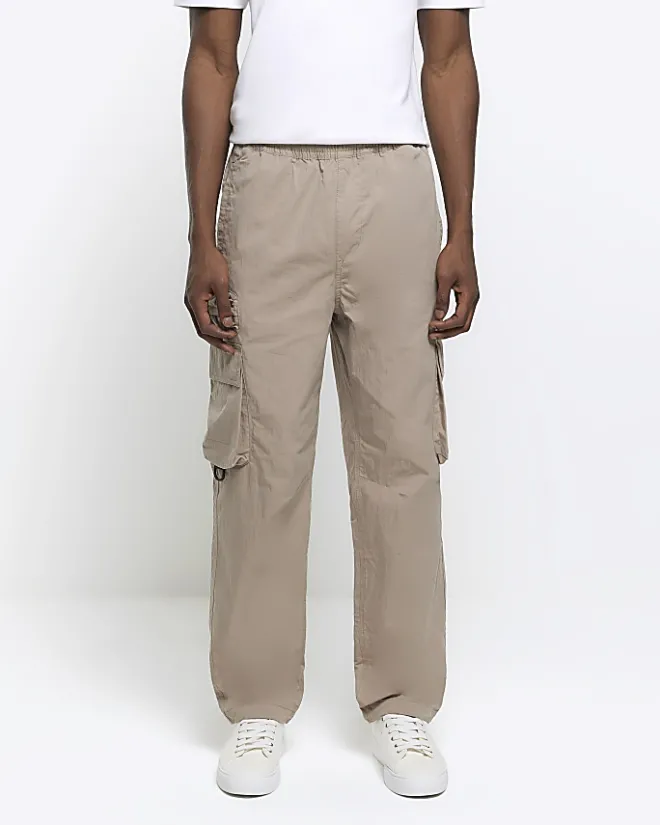 River Island regular fit elasticated cargo trousers Stone Discount