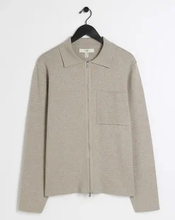 River Island regular fit knit zip up jumper Stone Outlet