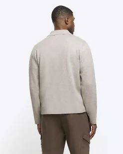 River Island regular fit knit zip up jumper Stone Outlet
