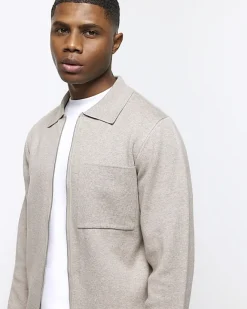 River Island regular fit knit zip up jumper Stone Outlet