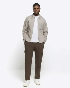 River Island regular fit knit zip up jumper Stone Outlet