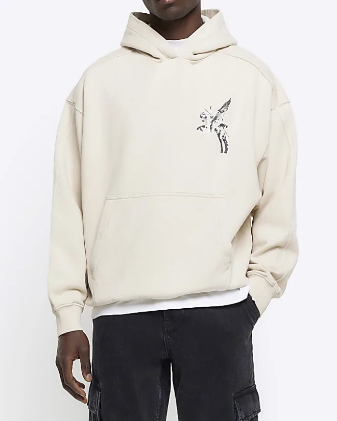 River Island Regular Fit Pegasus Graphic Hoodie Stone Online
