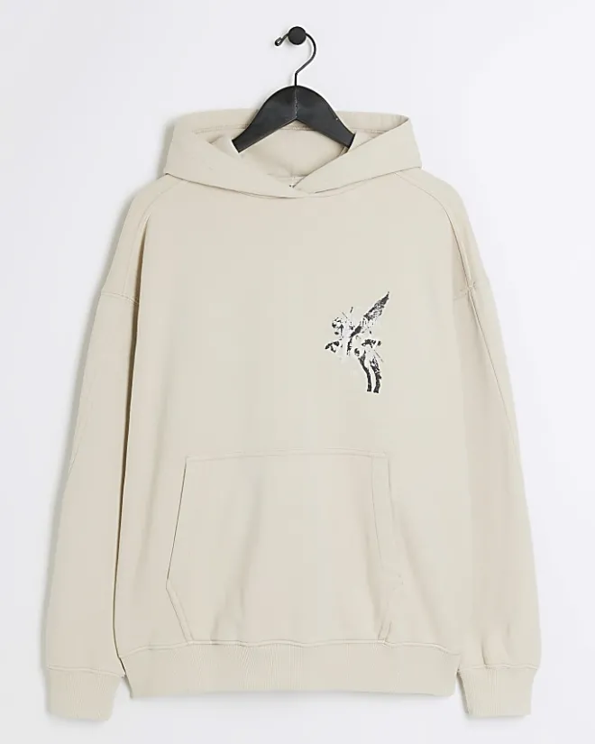 River Island Regular Fit Pegasus Graphic Hoodie Stone Online