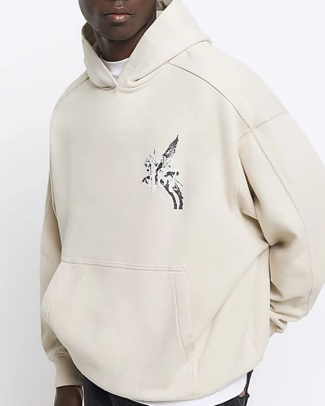 River Island Regular Fit Pegasus Graphic Hoodie Stone Online