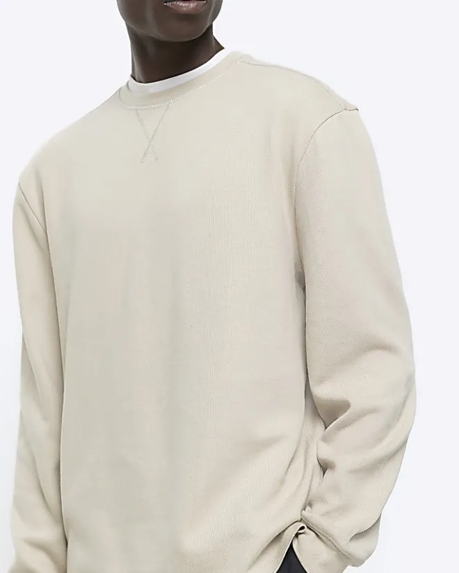 River Island regular fit rib sweatshirt Stone Outlet