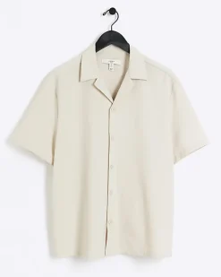 River Island regular fit seersucker revere shirt Stone New