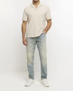 River Island regular fit seersucker revere shirt Stone New