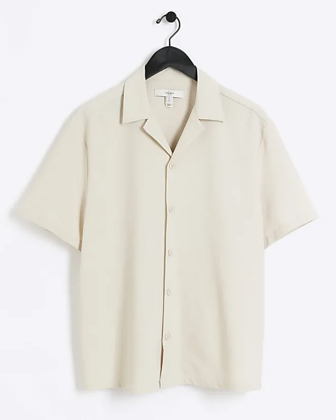 River Island regular fit seersucker revere shirt Stone New