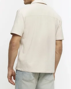 River Island regular fit seersucker revere shirt Stone New