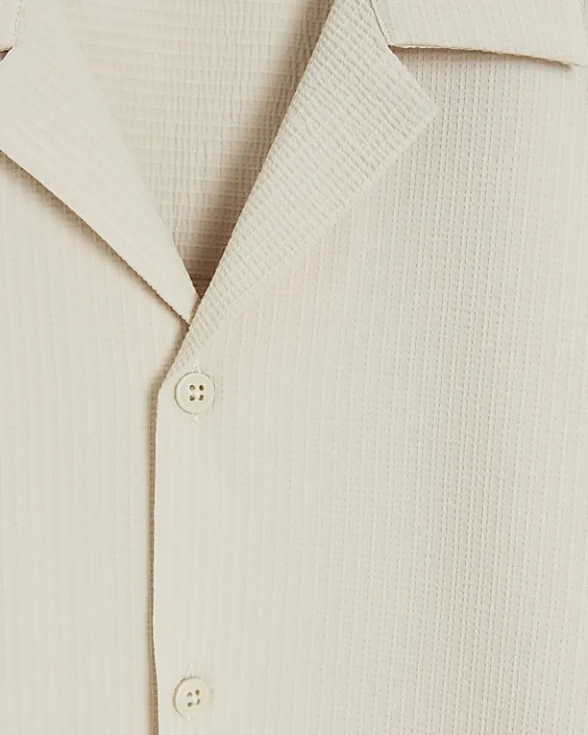 River Island regular fit seersucker revere shirt Stone New