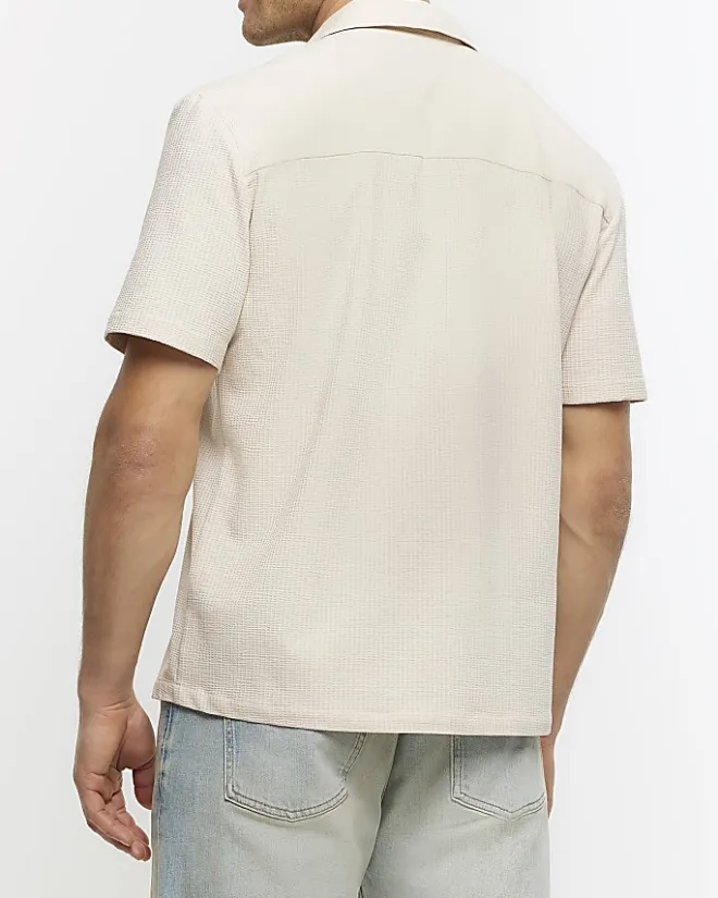 River Island regular fit seersucker revere shirt Stone New