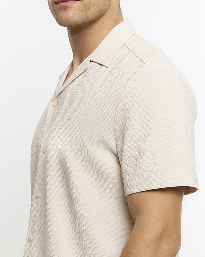 River Island regular fit seersucker revere shirt Stone New