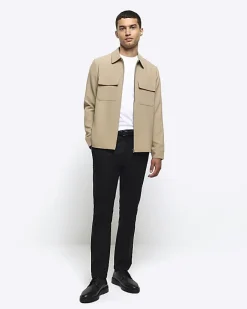 River Island regular fit zip up smart shacket Stone Online