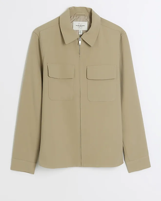 River Island regular fit zip up smart shacket Stone Online
