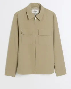 River Island regular fit zip up smart shacket Stone Online