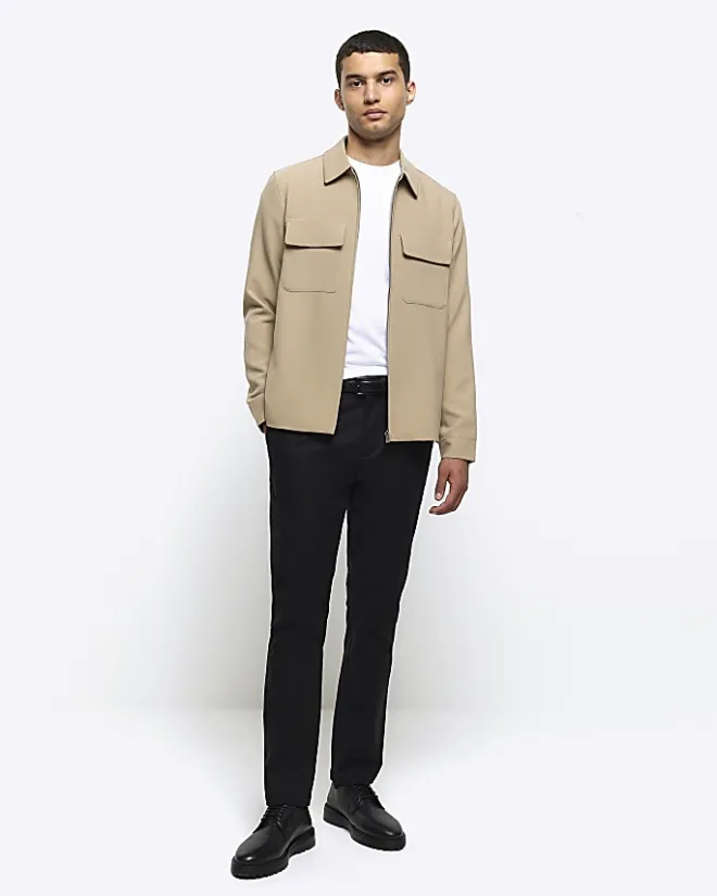 River Island regular fit zip up smart shacket Stone Online