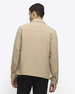 River Island regular fit zip up smart shacket Stone Online