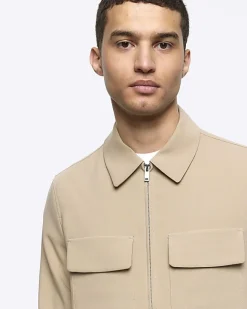 River Island regular fit zip up smart shacket Stone Online