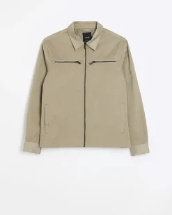 River Island regular fit zip up tech shacket Stone Online