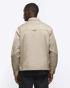 River Island regular fit zip up tech shacket Stone Online