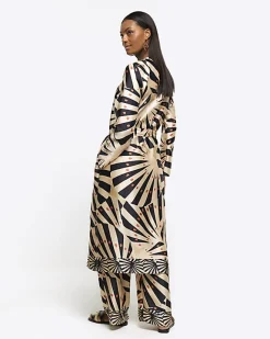 River Island Stone satin stripe longline duster coat Cream Sale