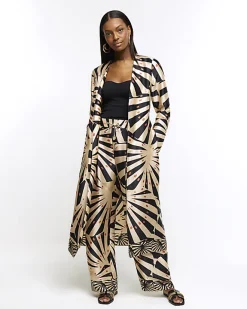 River Island Stone satin stripe longline duster coat Cream Sale
