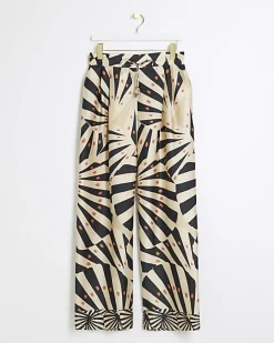 River Island Stone satin stripe wide leg trousers Cream Clearance