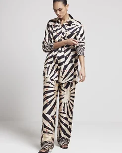 River Island Stone satin stripe wide leg trousers Cream Clearance