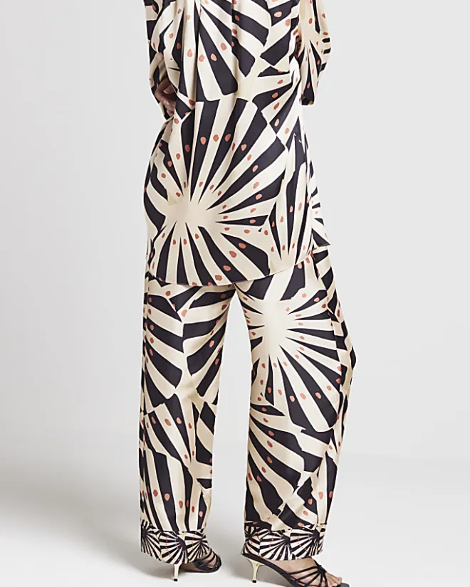 River Island Stone satin stripe wide leg trousers Cream Clearance