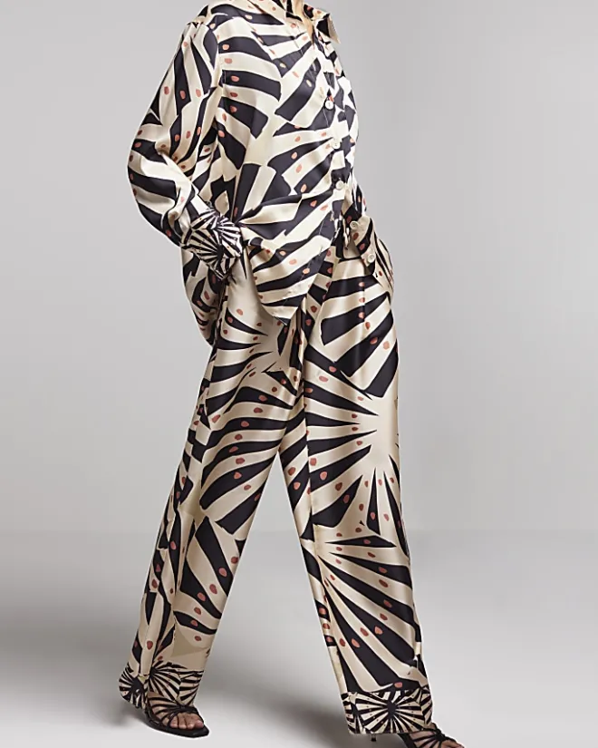 River Island Stone satin stripe wide leg trousers Cream Clearance
