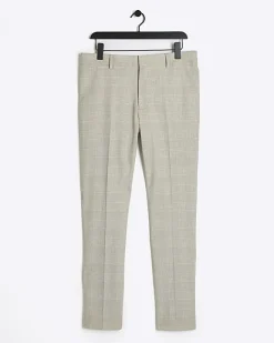River Island slim fit check suit trousers Stone Online