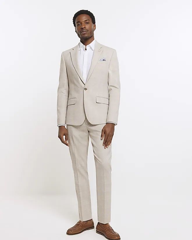 River Island slim fit check suit jacket Stone Online