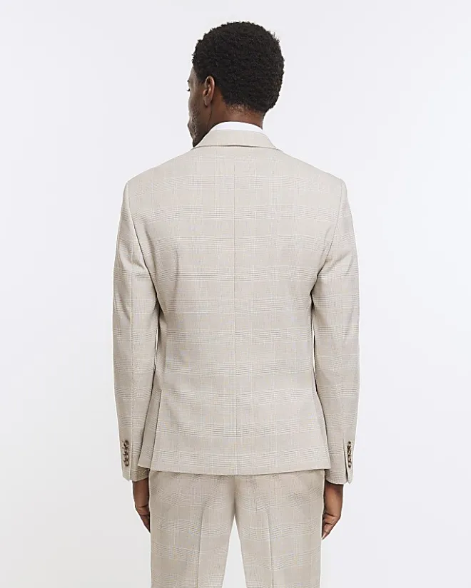 River Island slim fit check suit jacket Stone Online
