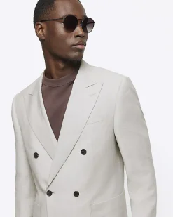 River Island slim fit linen blend suit jacket Stone Online