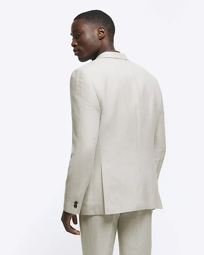 River Island slim fit linen blend suit jacket Stone Online