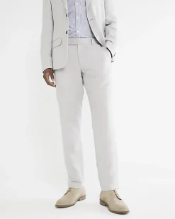 River Island slim fit linen blend suit trousers Stone Discount
