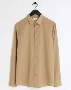 River Island slim fit long sleeve smart shirt Stone Online