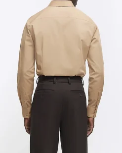 River Island slim fit long sleeve smart shirt Stone Online