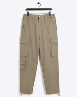 River Island slim fit smart techy cargo trousers Stone Clearance