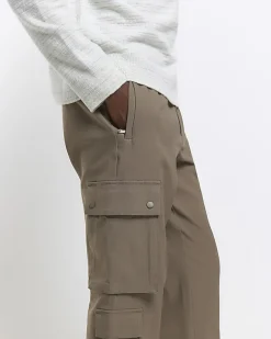 River Island slim fit smart techy cargo trousers Stone Clearance