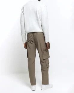 River Island slim fit smart techy cargo trousers Stone Clearance