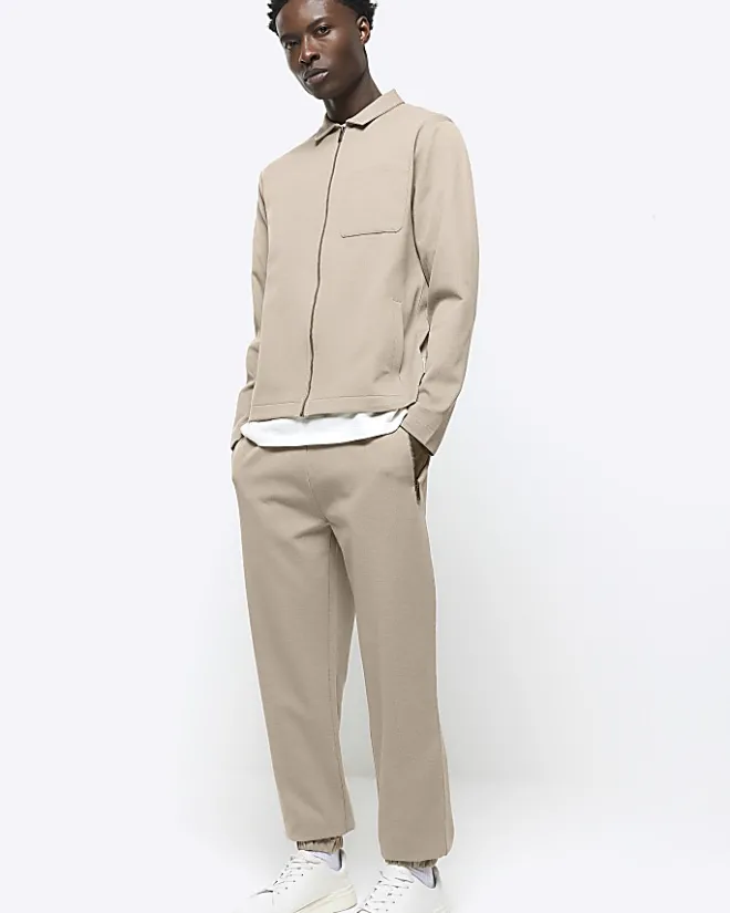 River Island slim fit textured smart joggers Stone Outlet