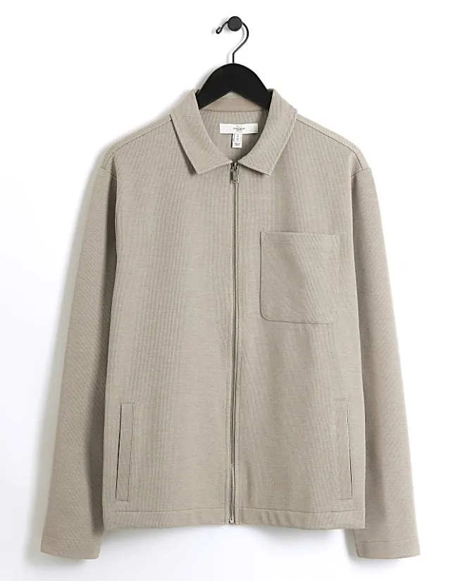 River Island slim fit textured zip up sweatshirt Stone Hot