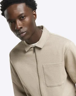 River Island slim fit textured zip up sweatshirt Stone Hot