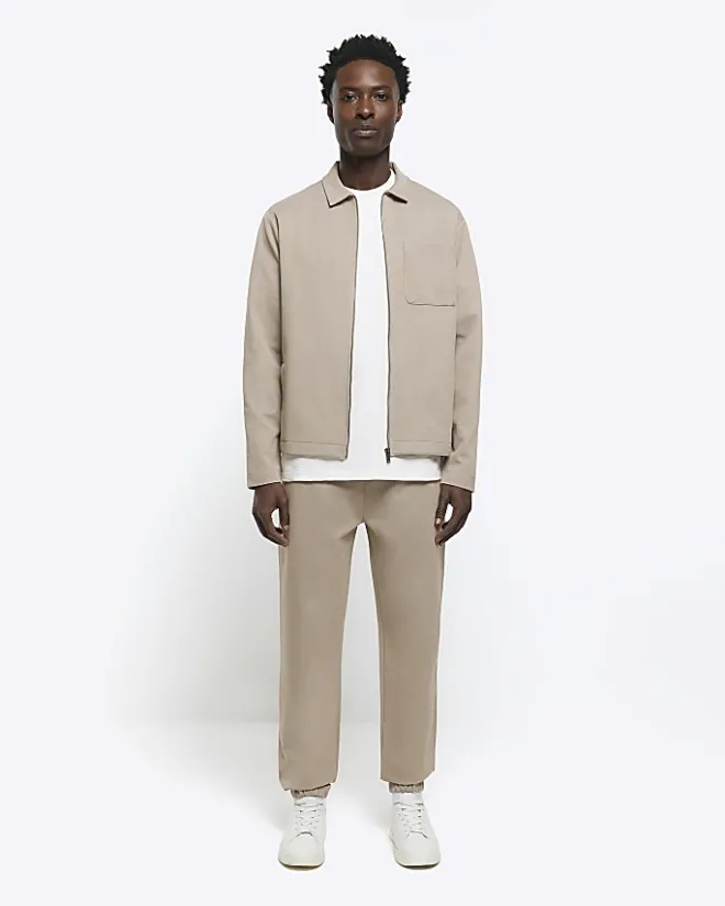 River Island slim fit textured zip up sweatshirt Stone Hot