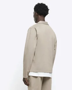 River Island slim fit textured zip up sweatshirt Stone Hot