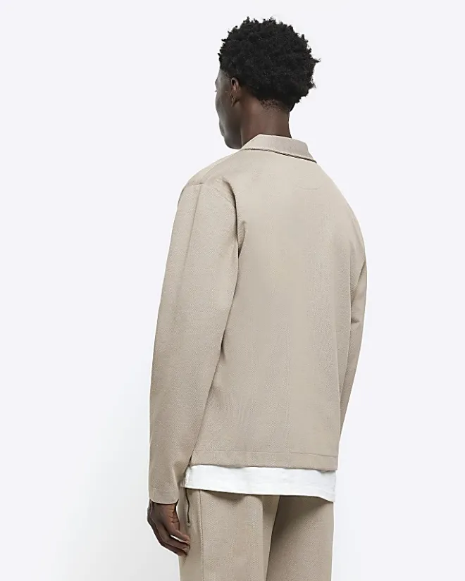 River Island slim fit textured zip up sweatshirt Stone Hot