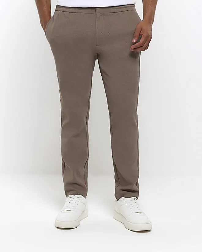 River Island slim fit twill pull on smart joggers Stone Online
